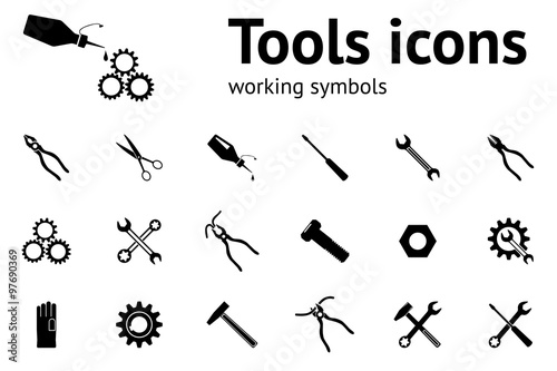 Tools icons set. Wrench key glue pliers cogwheel hammer, gloves, screw, bolt, nut, scissors. Repair fix tool symbols. Round signs with shadow. Vector
