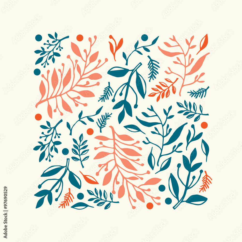 Square composition with hand drawn leaves and plants, could be used as greeting card or invitation