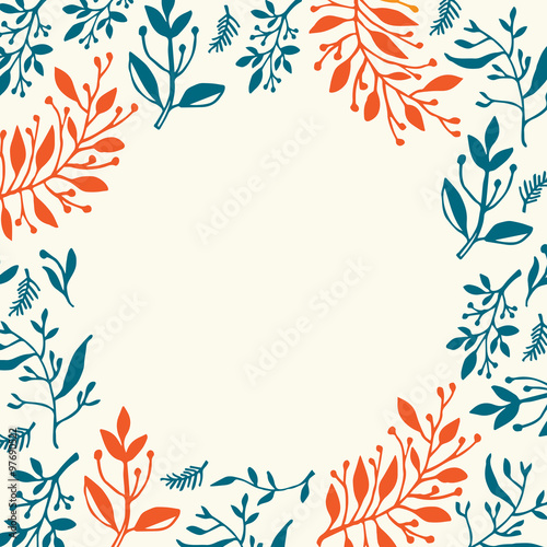Round composition with hand drawn leaves and plants, could be used as greeting card or invitation