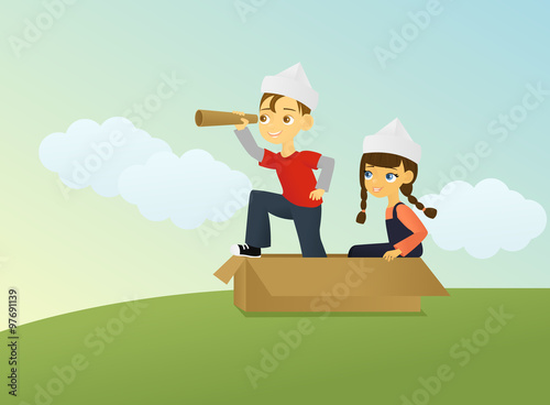 Two kids playing in a cardboard box, pretending to be explorers