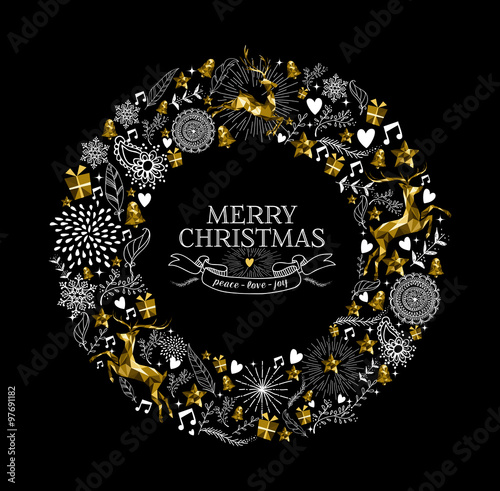 Merry christmas label wreath gold deer low poly