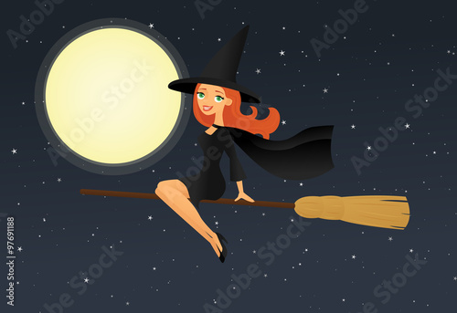 Witch flying on a broomstick past a full moon