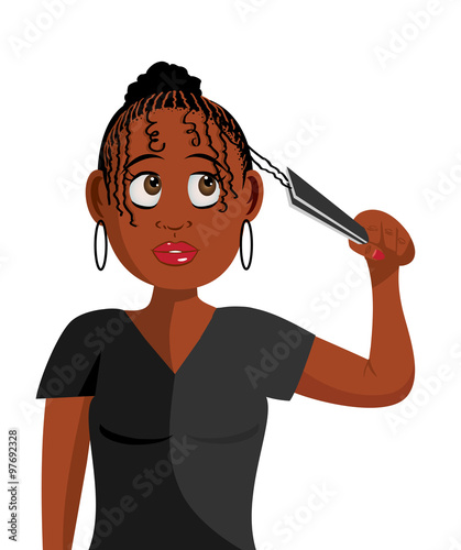 cartoon vector illustration of a lady plaiting hair