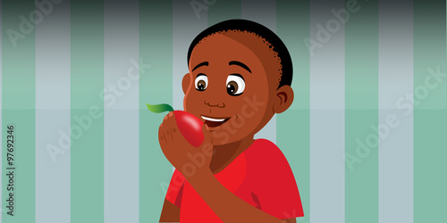 cartoon vector illustration of a boy eating apple