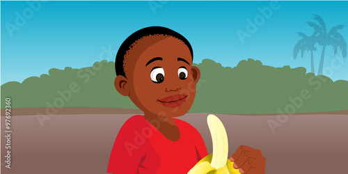 cartoon vector illustration of a boy peeling banana