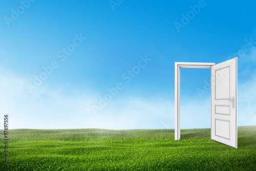 White open door on the green grass lawn with blue sky