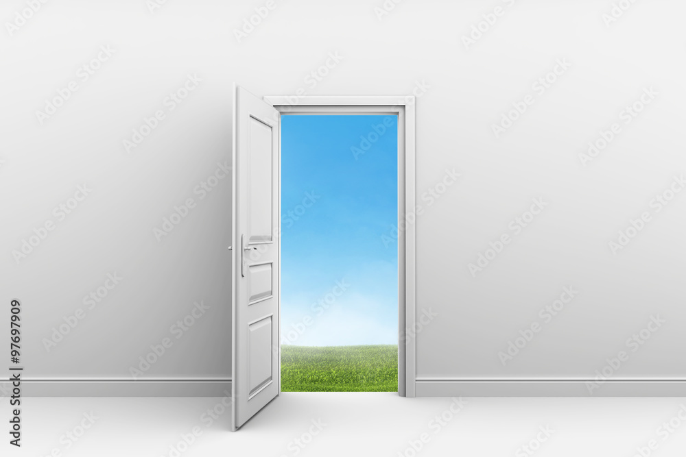 White room with open door. Green grass lawn outdoors White room with open door. Green grass lawn outdoors