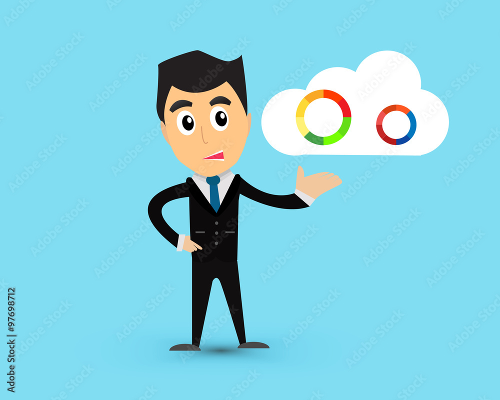 Business man give clouds and graph on blue background cartoon vector.