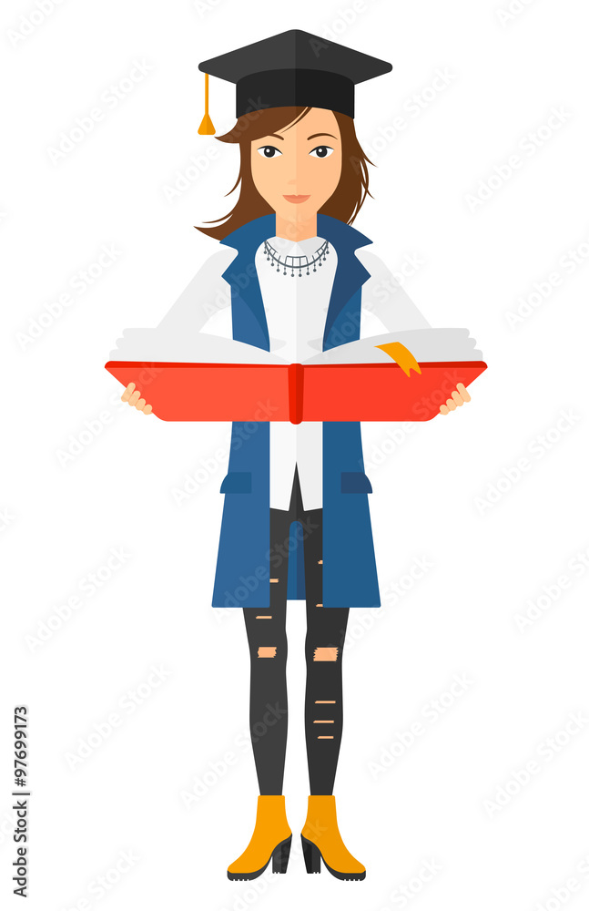 Woman in graduation cap holding book. Woman in graduation cap holding book.
