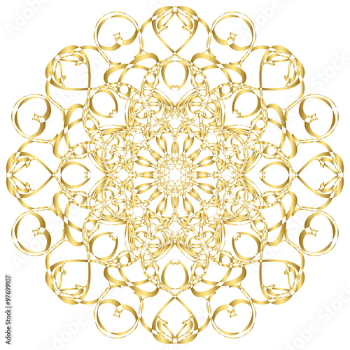 Gold circular pattern Kaleidoscope. East ornament. Mandala. Good for greeting cards, invitations. Print on fabric and paper. 