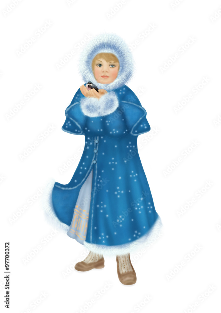 Little girl in winter coat with fur and bullfinch on white background Little girl in winter coat with fur and bullfinch on white background