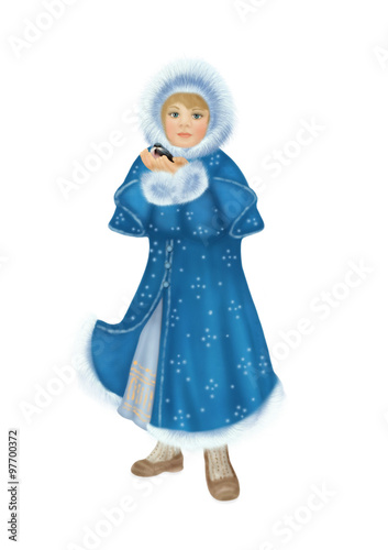 Little girl in winter coat with fur and bullfinch on white background