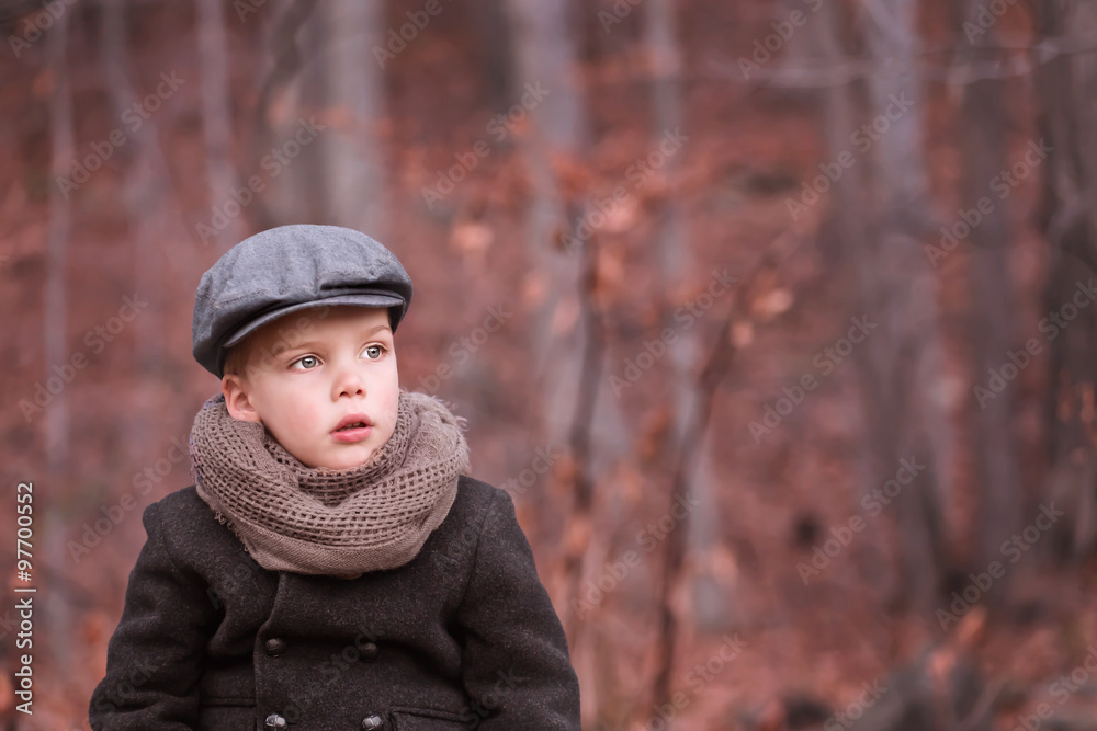 a toddler boy dressed warm looking ahead and thinking a toddler boy dressed warm looking ahead and thinking