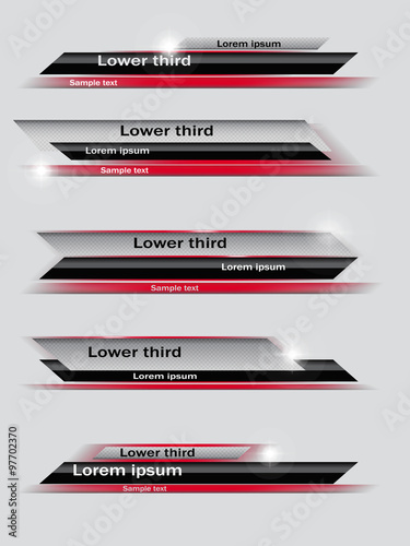 Set of red, black, gray banners of lower third. Vector illustration.