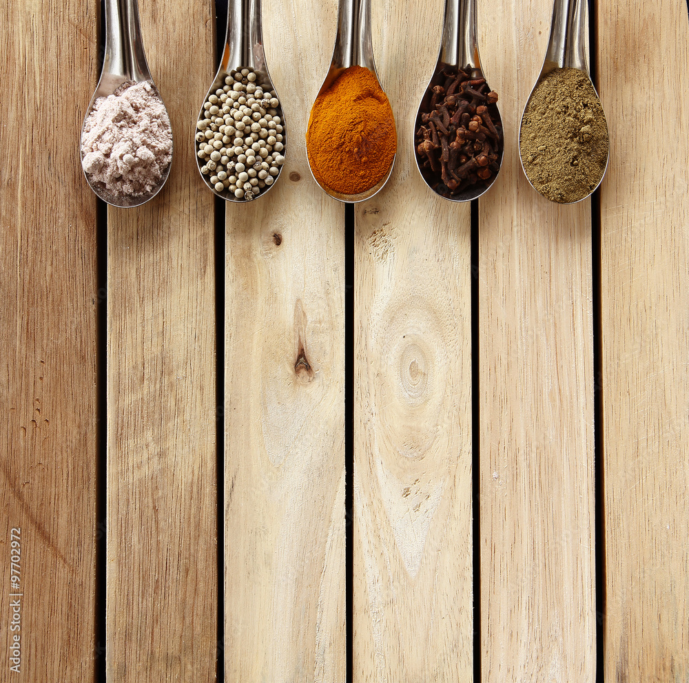Spice and herbs in steel spoon