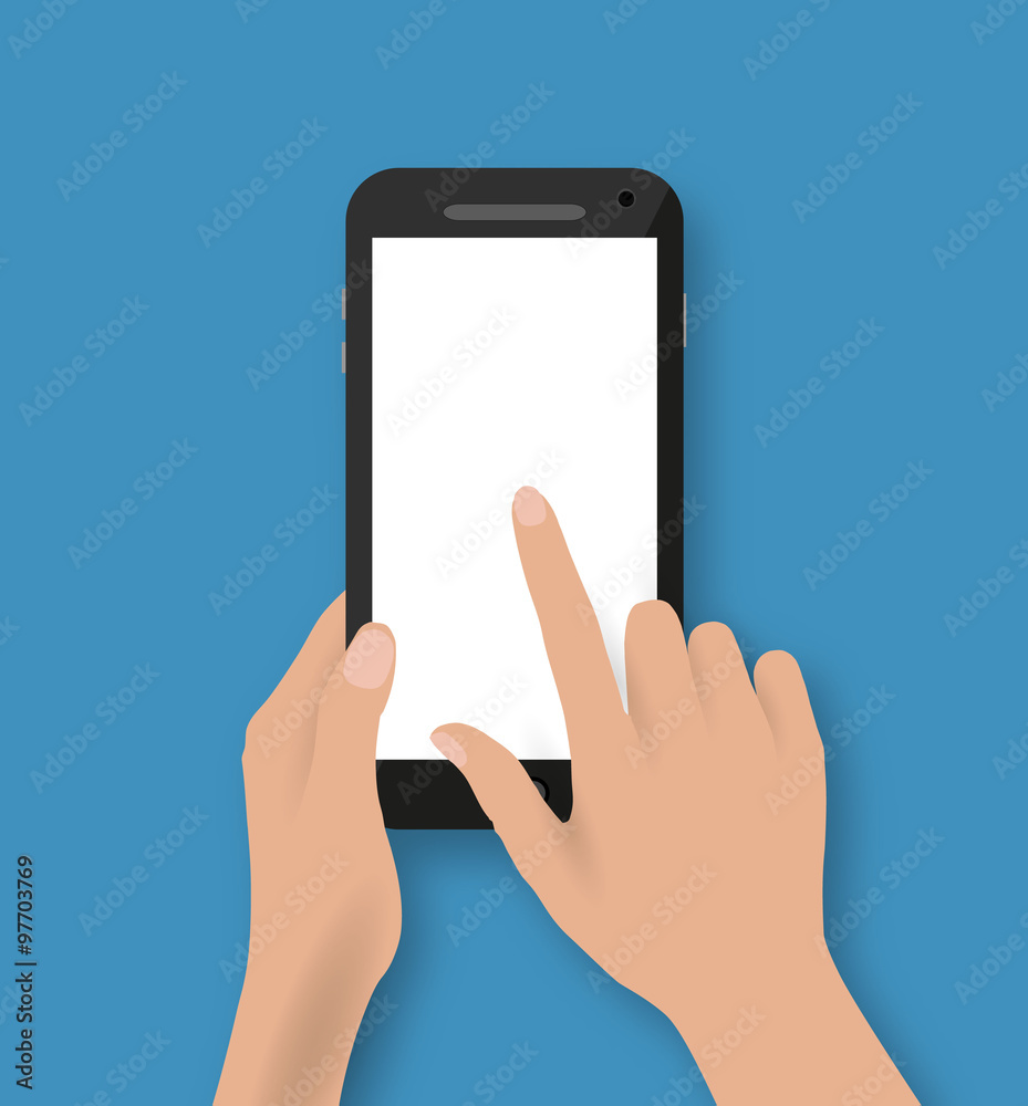 Hand touching screen of white phone Hand touching screen of white phone