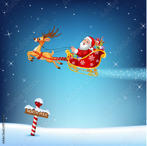 Happy Santa in his Christmas sled being pulled by reindeer