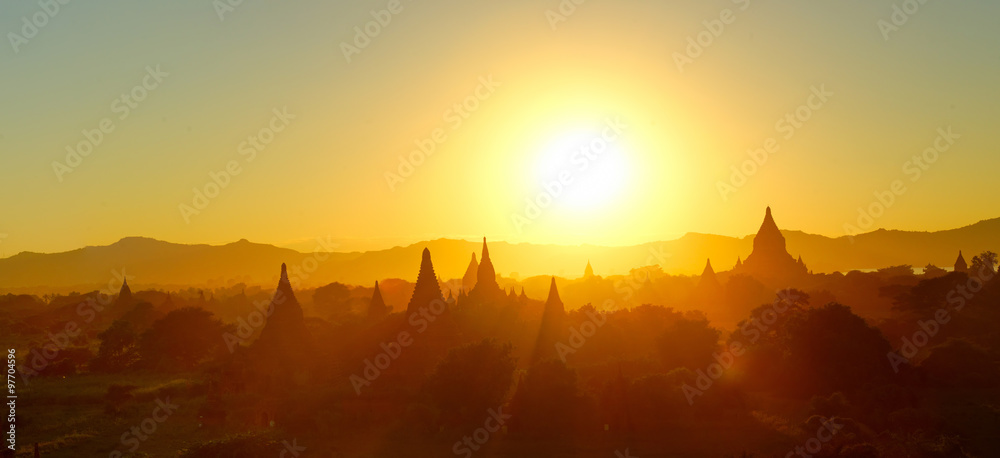 Silhouette of temples and stupa sunset over Bagan in Myanmar