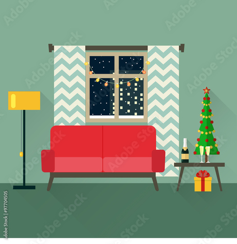 New Year Celebration.Merry Christmas. Holiday vector concept illustration in flat style. Christmas interior. Living room.
