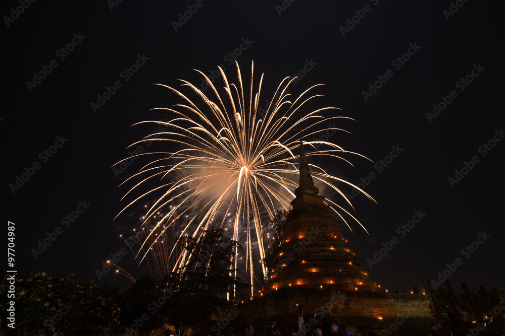 Fireworks in Loy Krathong festival at Sukhothai History Park Fireworks in Loy Krathong festival at Sukhothai History Park