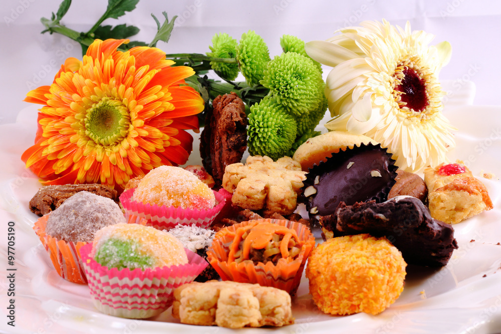 Assortment of traditional Malay Kuih biscuits for Hari Raya and other