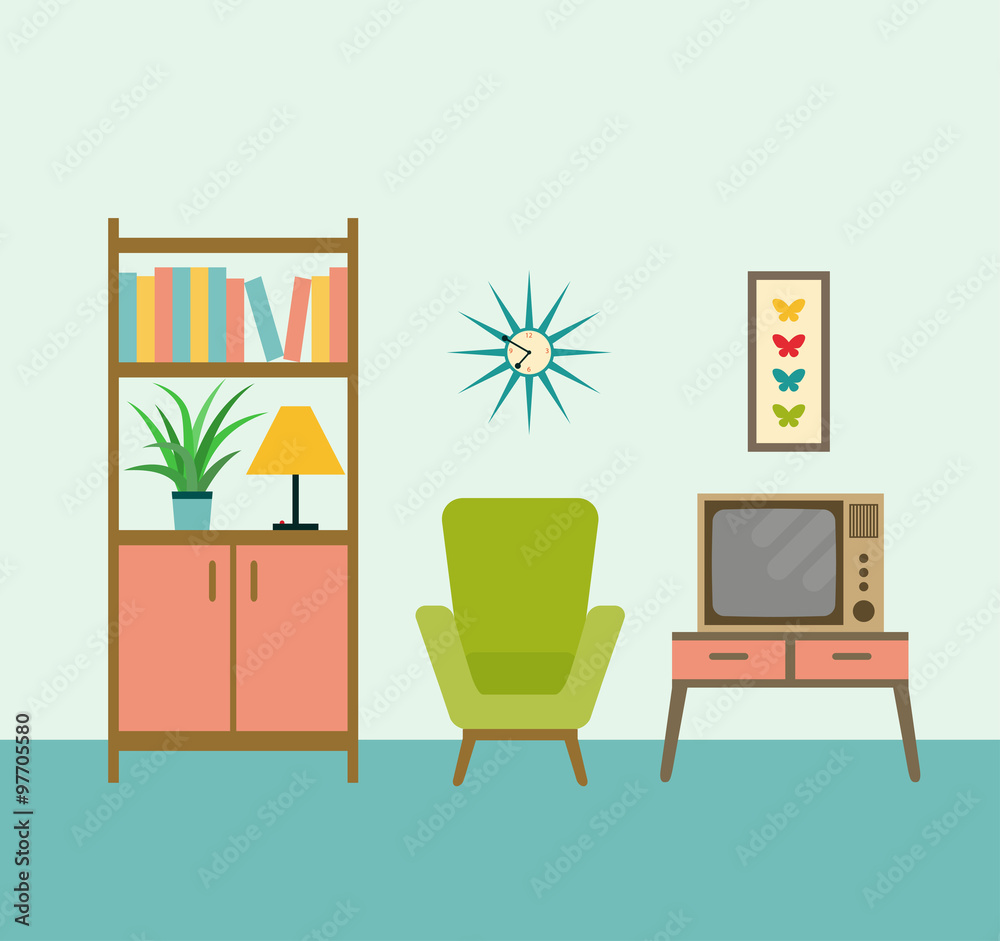 Fototapeta premium flat retro interior living room with bookcase,chair, television.vector illustration