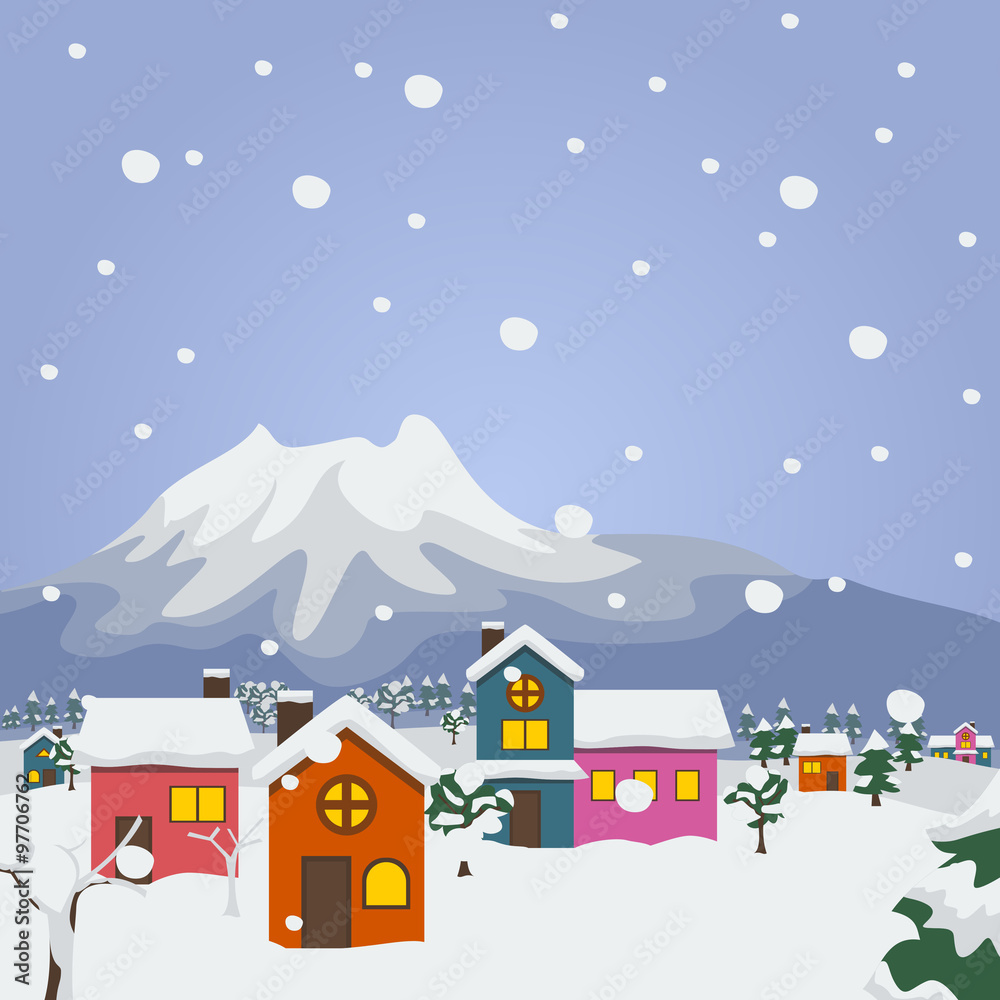 Vector Illustration of A Village in Winter Season in Flat Style