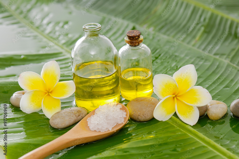 Spa set on banana leaf with pebbles Spa set on banana leaf with pebbles