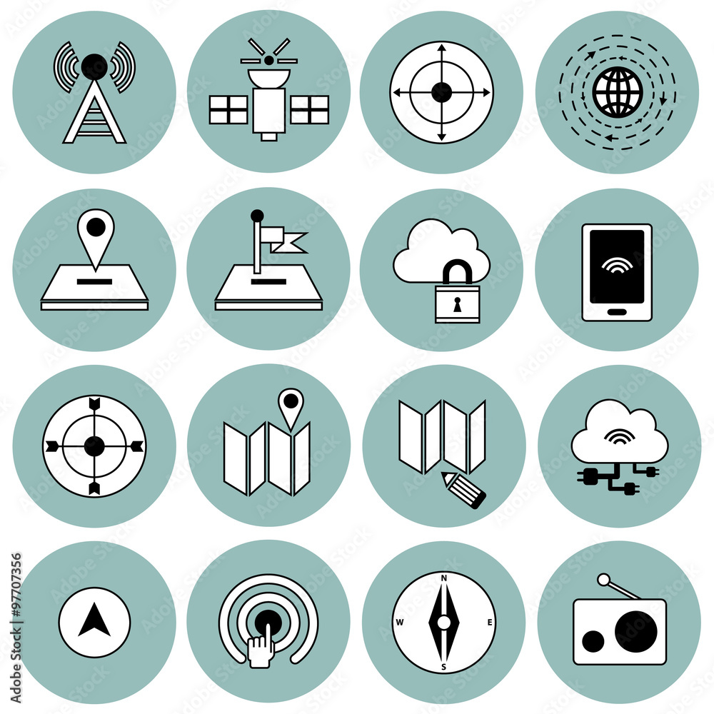 Communication and navigation technology vector icon set