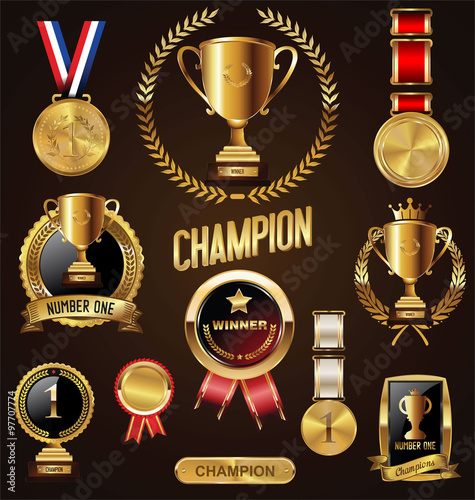 Gold trophy and medal with laurel wreath vector illustration