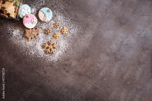 Spilled cookies on background. Christmas concept. Shallow depth of field.