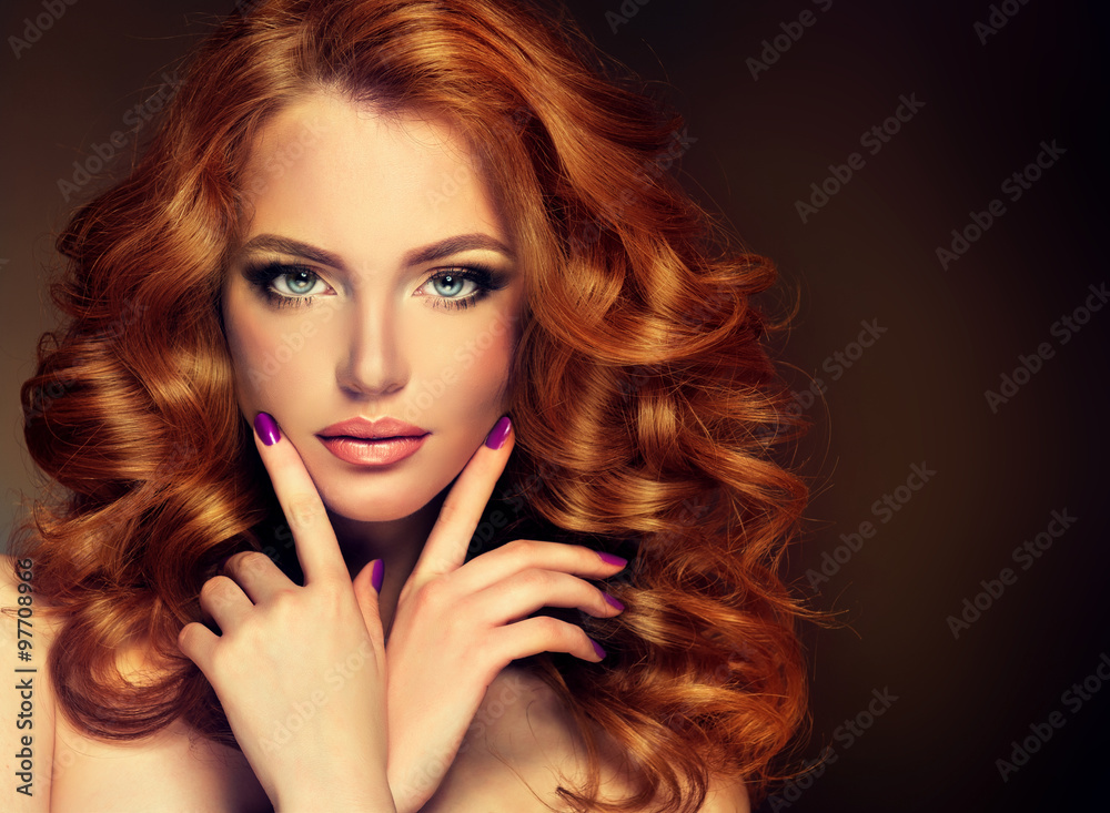 Girl model with long red wavy hair. Big curls on the red head . Hairstyle  permanent waving Stock Photo | Adobe Stock