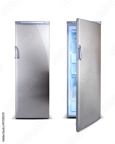 Stainless steel open clean freezer isolated on white.