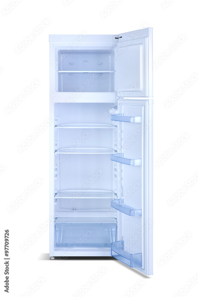 White refrigerator with open door isolated on white White refrigerator with open door isolated on white