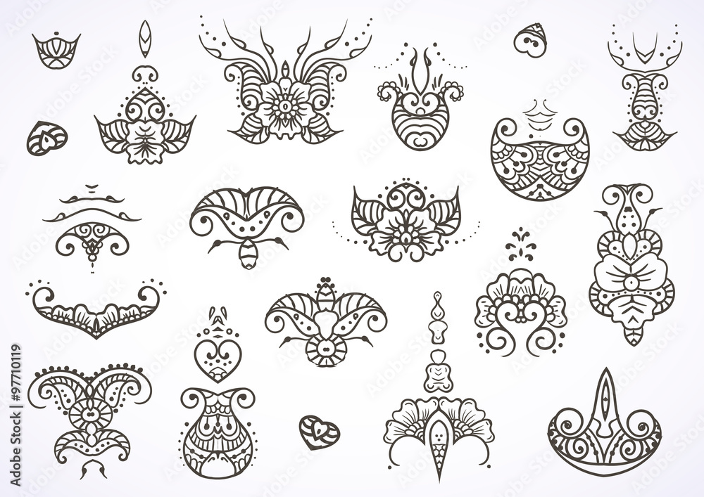 Henna mehndi tattoo doodle ornament vector set of black elements isolated on white background