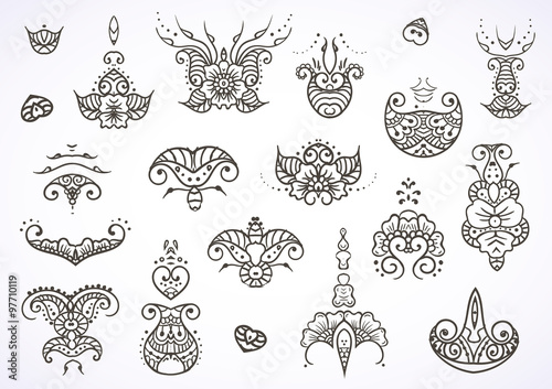 Henna mehndi tattoo doodle ornament vector set of black elements isolated on white background