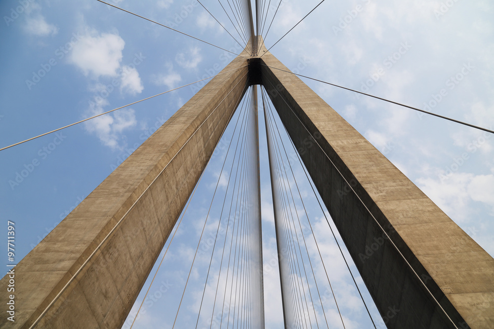 Obraz premium Cables and supports of bridge in china against blue sky