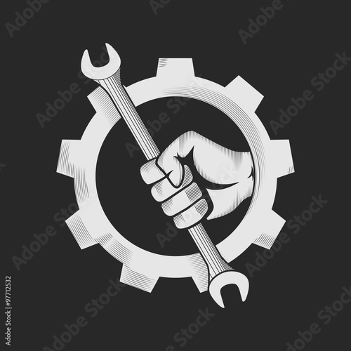 Car or bike workshop logo template (concept). The spanner in the hand and gear combined in vector sign. Vector illustration.