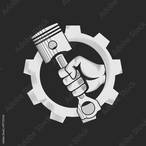Car or bike workshop logo template (concept). Car engine pistons in the hand and gear combined in vector sign. Vector illustration. 