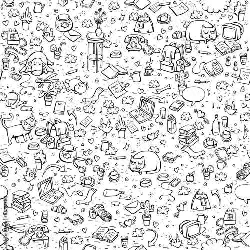 Technological Everyday Objects seamless pattern in black and whi