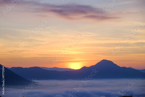 Fog covering mountain in the moring