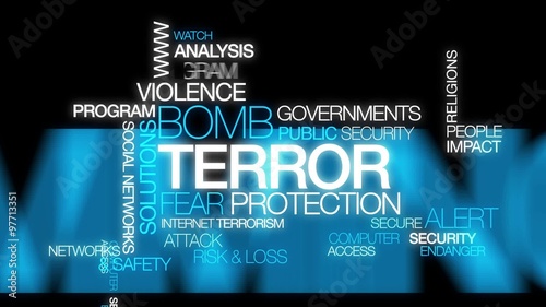 Terror and Fear protection cyber communication impact on war against terrorism versus social networks violence safety bomb violence alert program words tag cloud text animation