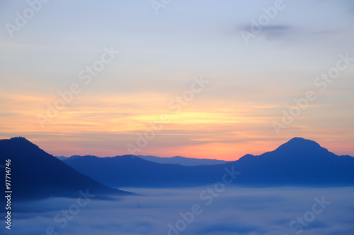 Fog covering mountain in the moring