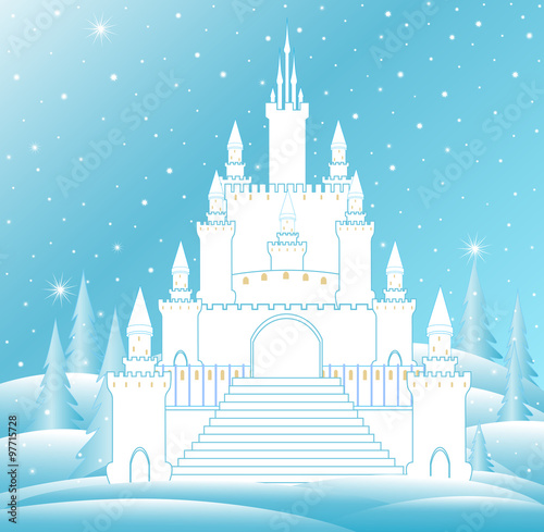Vector snow queen's castle with frozen staircase and icy towers in frozen winter forest. Vector Christmas background