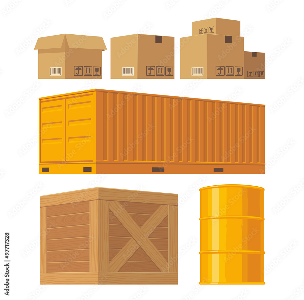 Vecteur Stock Brown carton packaging box, pallet, yellow container, wooden  crates, metal barrel isolated on white background with fragile attention  signs. Vector set illustration for icon, banner, infographic | Adobe Stock