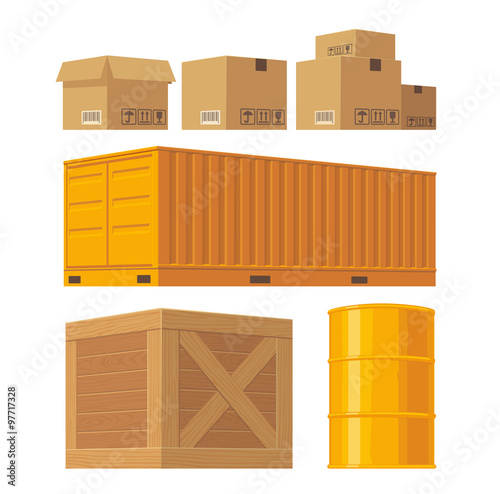 Brown carton packaging box, pallet, yellow container, wooden crates, metal barrel isolated on white background with fragile attention signs. Vector set illustration for icon, banner, infographic