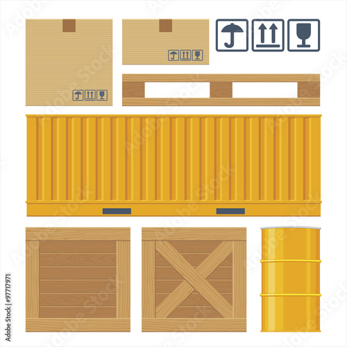 Brown carton packaging box, pallet, yellow container, wooden crates, metal barrel on white background with fragile attention signs