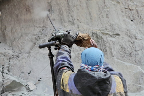 Preparation for explosive works on construction of Srinagar â?? Leh road in the Himalayas in Jammu & Kashmir, India photo