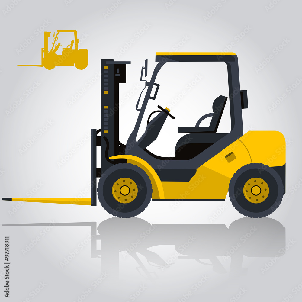Yellow fork lift loader. Nice isolated vector. Carry of sand, coal, waste rock and gravel. Golden illustration for internet banner poster or icon. Truck Digger Crane Small Bagge