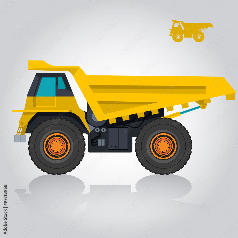 Yellow big truck builds roads. Digging of sand, coal, waste rock and gravel. Golden illustration for banner or icon. Construction and equipment element. Truck Digger Crane, Small Mix Roller Extravator